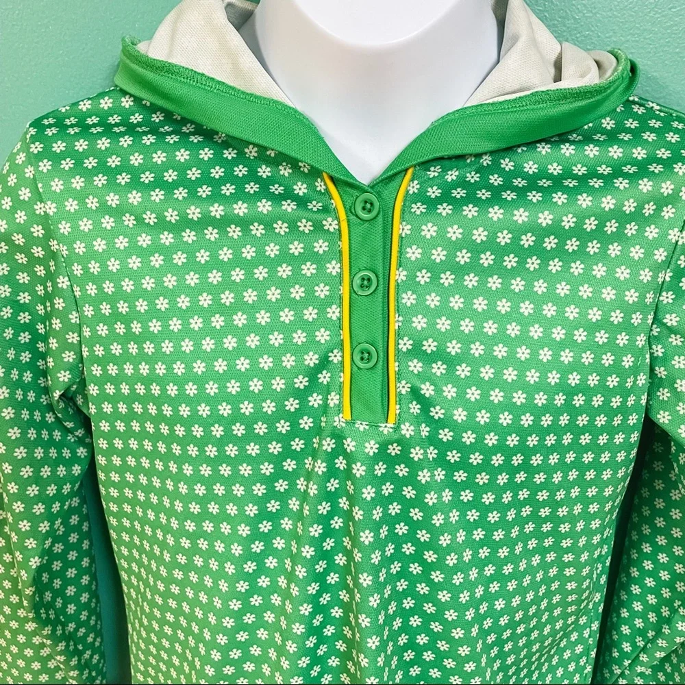 Lands End Green White Daisy Print Long Sleeve UPF 50 Sun Hoodie Rashguard 10/12